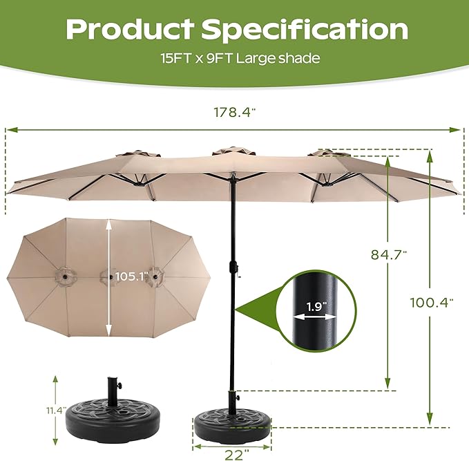 15ft Umbrella Outdoor Patio - Double-Sided Large Market Rectangle Umbrellas with Crank Handle for Patio Garden Yard Pool (No Base)