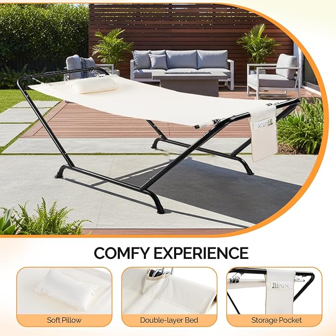 ONCLOUD Iron Hammock with Stand, Hammock Stand with Double-Layer Oxford Cloth Hammock, Portable Heavy-Duty Hammock for Outdoors, Garden, Patio, Yard, 550lbs (Beige)