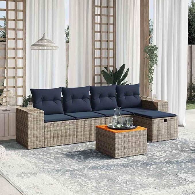 vidaXL Patio Sofa Set with Cushions 6 Piece, Outdoor Conversation Set, Sectional Sofa for Balcony Garden, Modern Style, Gray Poly Rattan
