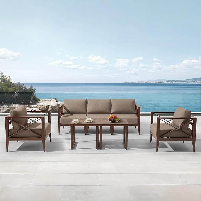 MBY Outdoor Aluminum Patio Furniture Set, 5-Seats Patio Conversation Sofa Set with 2 Coffee Tables, All Weather for Pool, Balcony, Garden(Brown)