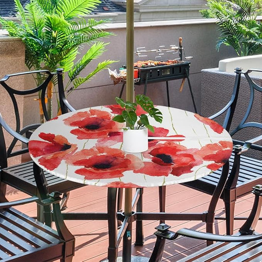Fitted Round Tablecloth with Umbrella Hole and Zipper Red Flowers Outdoor Elastic Table Cloth 36"-44" Oil-Proof Waterproof Floral Patio Table Cover for Picnic Party