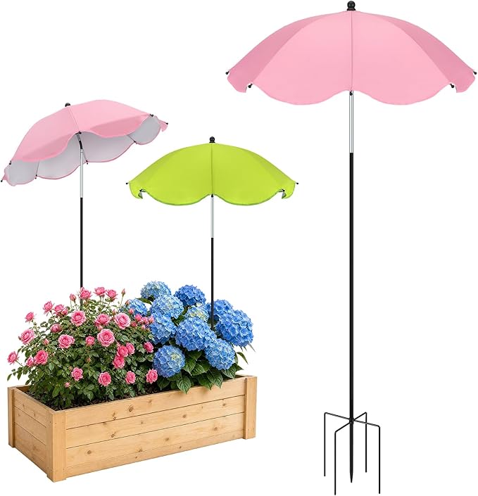 Cosweet Plant Umbrellas for Outdoor Plants with Stable 5 Prong Base & Adjustable Angle Height - 26" Larger UV-Resistant Garden Umbrella Shade, Easy Install for Raised Bed Potted Flowers