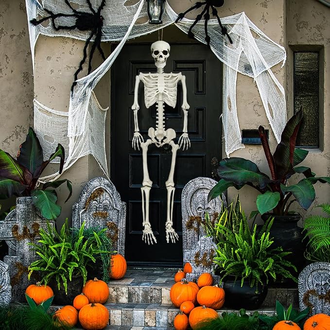 5.4Ft Posable Halloween Skeleton with Dog Cat Skeleton for Halloween Decor | Full Body Life Size Human Bones with Movable Joints