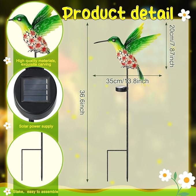 VIHOSE Garden Hummingbird Solar Lights Decor, Cardinal Solar Stake Lights for Outdoor Yard, Metal Red Hummingbird Gift for Women Mom, Waterproof Decorative Warm LED for Outside Yard Lawn Patio Porch