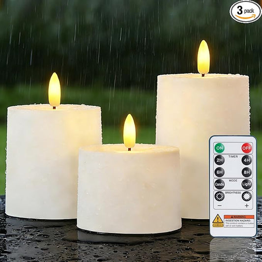 Raycare White Outdoor Waterproof Flameless Candles with Remote and Timer, Realistic LED Candles, Battery Operated Electric Fake Pillar Candles for Porch, Patio, Garden, Set of 3