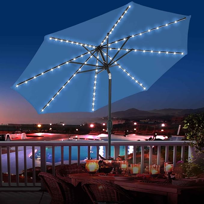Sundale Outdoor Solar 80 LED 9 ft Patio Umbrella with Sand Bag Umbrella Base, Outdoor Umbrella with Tilt and Crank, Navy