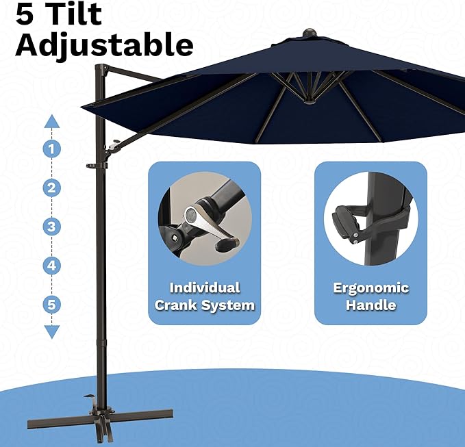 Devoko 10ft Cantilever Patio Umbrella, Round Large Outdoor Umbrella with 360-Degree Rotation, Hanging Offset Market Sun Umbrella, Easy Tilt and Heavy-Duty Frame, for Patio Backyard Garden, Navy Blue