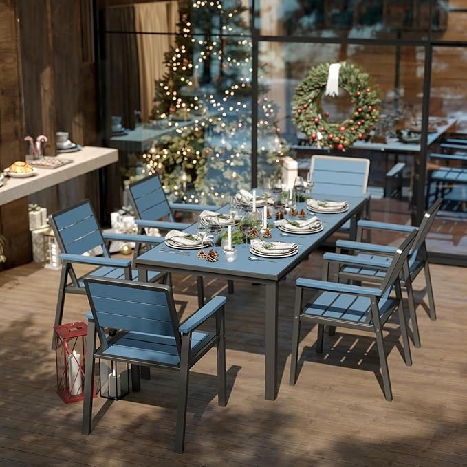 7-Piece Patio Dining Set, Aluminum & HDPE Outdoor Table and Chairs, Weather-Resistant All-Season Backyard & Deck Dining Furniture with 2" Umbrella Hole (Navy)