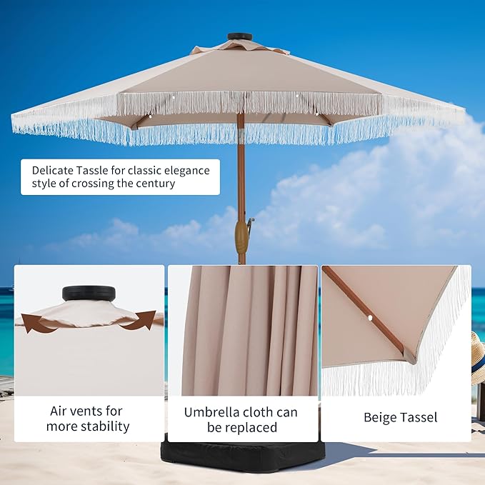 GDY 7.5 ft Fringe Patio Umbrella with 18 LED Solar Lights ，Stylish Fringe Decor for Graden, Pool, Beach, Deck, Khaki