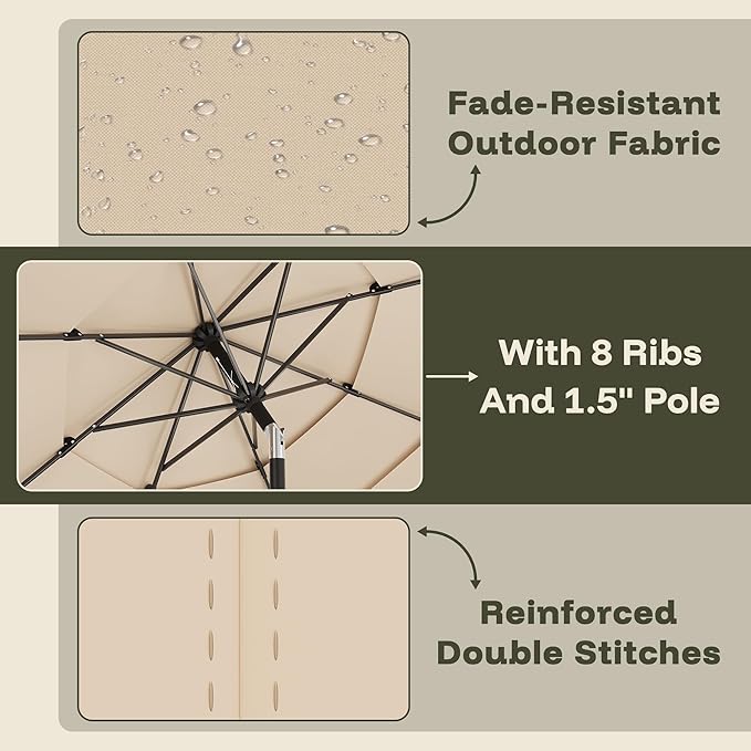 GDPFN 10FT Patio Table Umbrella Outdoor, 3 Tier Tilting Vented Windproof Market Umbrella for Outside, Outdoor Sun Shade for Inside of Pool, Deck, Backyard, Garden, Beige (No Base)