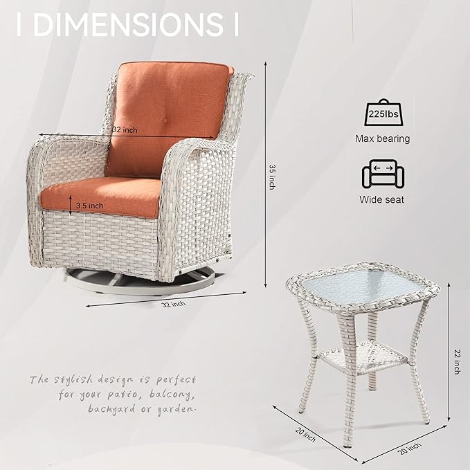 Joyside Outdoor Rocker Swivel Patio Chairs Set of 4 with 2 Matching Side Tables - 6 Pieces Patio Wicker Conversation Set with Premium & Soft Fabric Cushions(Light Grey/Orange)