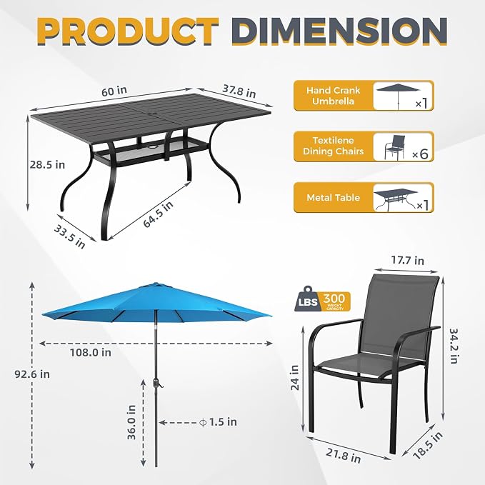 Incbruce 8 Pieces Patio Dining Set with Sky Blue Umbrella, Outdoor Dining Set of 6 Textilene Chairs and Rectangle Table with Umbrella Hole for Backyard, Garden, and Poolside (Grey)