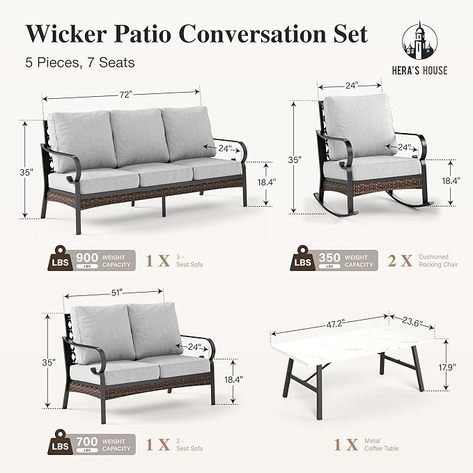 HERA'S HOUSE 5 Piece Metal Patio Furniture Set, 7 Seats All Weather Outdoor Conversation Set, 3 Seat Sofa with Loveseat, 2 Rocking Chairs, Coffee Table for Backyard, Garden, Deck, Light Grey