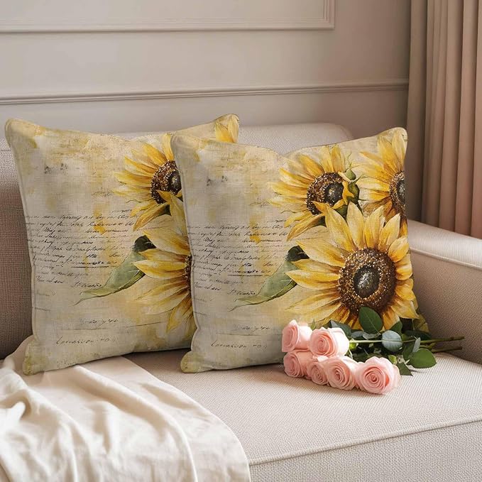 Retro Sunflower Outdoor Waterproof Throw Pillow Covers Set of 2, 24"x24", Pastoral Floral Painting Newspaper Background Decorative Pillow Covers Outside Cushion Case for Patio Porch Garden