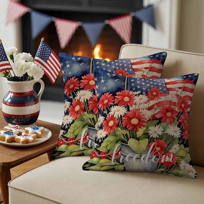 Independence Day Patriotic Flag Outdoor Pillow Covers 18x18in Pack of 2 Waterproof Pillowcase Blossom Flower Green Leaves Decorative Throw Cushion Case for Patio Couch Sofa