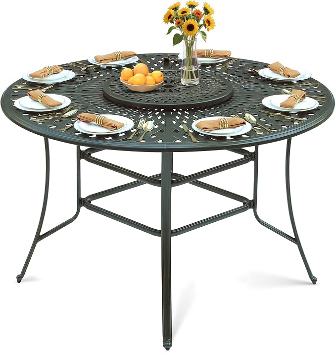VIVIJASON 61" Patio Round Height Bar Table, All-Weather Cast Aluminum High Top Dining Table with 24" Lazy Susan & Umbrella Hole for Outdoor Balcony, Porch and Deck, Fits for 6-8 Person, Dark Bronze