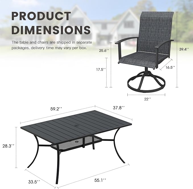 7 Pieces Patio Dining Set, Outdoor Furniture of 59.2" Rectangular Patio Table and Patio Swivel Chairs for Backyard Lawn Garden, Black Table and Black Chairs