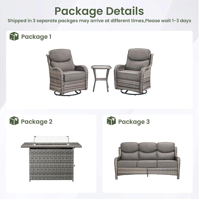 Luxury Patio Furniture Set with 6-inch Thick Cushion, Outdoor Furniture with Fire Pit Table, Swivel Chairs, Side Table, Sofa, 5pcs Wicker Conversation Set for Deck Yard Grey Wicker | Grey Cushions