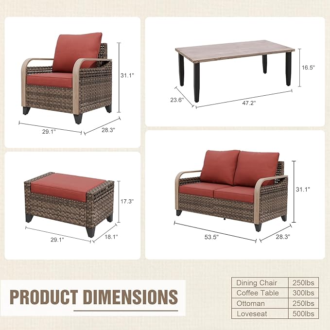 Modern Wicker Patio Furniture Set, Rattan Outdoor Conversation Set with Comfortable Cushions, 2 Patio Chairs, 2 Seat Loveseat, 2 Ottomans and Coffee Table, 6 Pieces, Brown/Red
