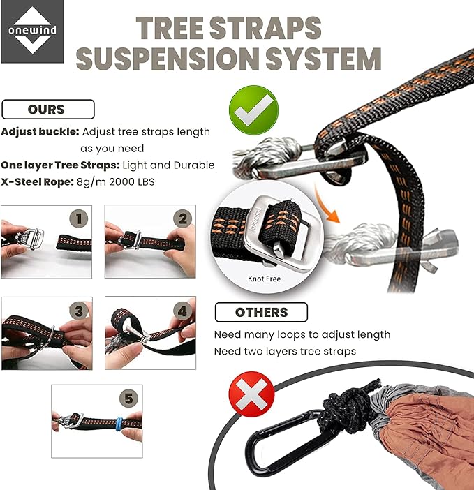 Onewind Camping Hammock, Ultralight Portable Hammock with Adjustable Ridgeline, Outdoor Hammock 20D Ripstop Nylon with 2 * 12Ft Tree Strap, Ideal for Camping, Hiking, Backpacking
