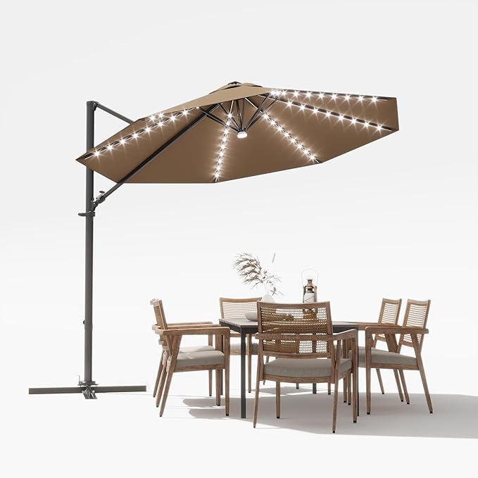 Devoko 10ft Solar LED Patio Umbrella, Round Cantilever Outdoor Umbrella with Solar Lights and 360-Degree Rotation, Large Hanging Offset Market Umbrella with Easy Tilt for Patio Deck Garden,Brown