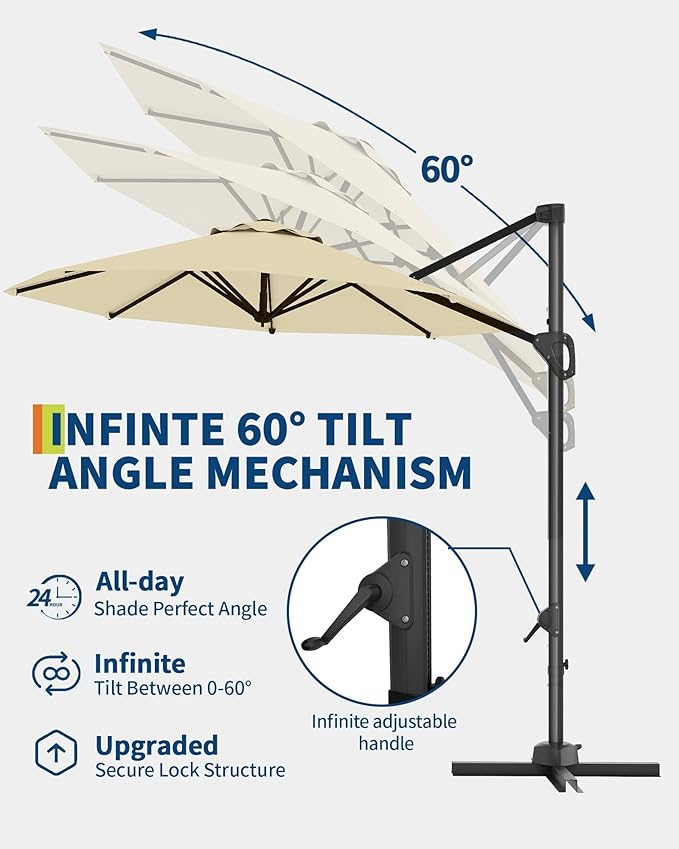 GarveeLife 10FT Patio Umbrella Outdoor Large Cantilever Umbrella Market Sun Shade Windproof Offset Umbrella with 360-Degree Rotation for Garden Deck Pool Patio