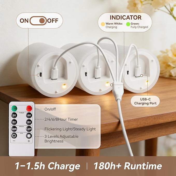 Rechargeable Flickering Flameless Candles Melted Edge Battery Operated with Remote and Timer, Real Wax LED USB Type-C Pillar Candles, Set of 3 (3" x 4",5",6"), White,Home Decor