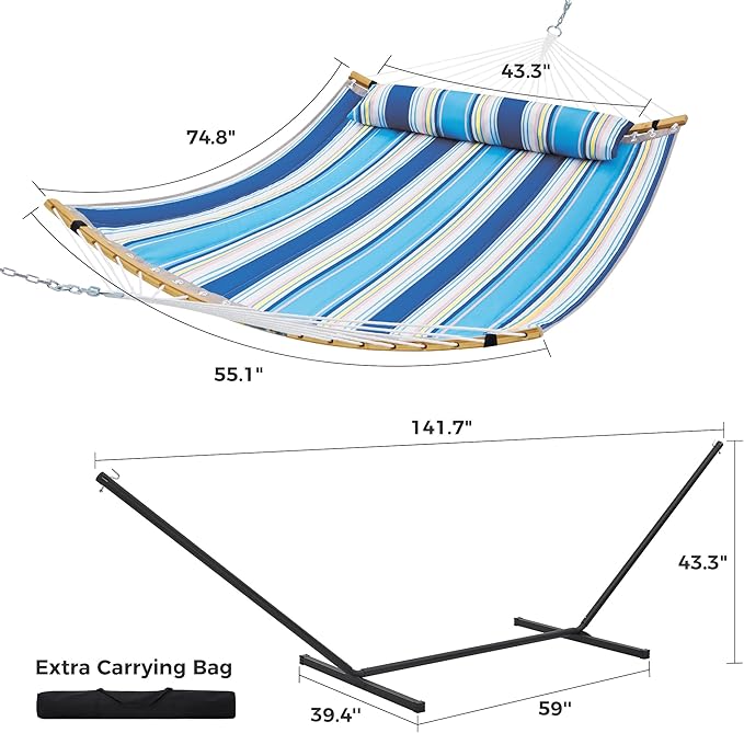 SUPERJARE Curved-Bar Hammock with Stand, 2 Person Heavy Duty Hammock Frame, Detachable Pillow & Portable Carrying Bag, Perfect for Outdoor & Indoor, Holiday Voyage Stripe