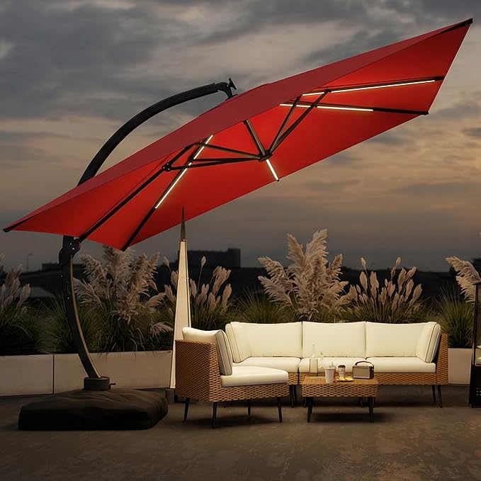 11x11FT Solar Powered LED Light Cantilever Patio Umbrella with Base Included, Large Cantilever Umbrella with 360°Rotation, Heavy-Duty Offset Outdoor Umbrella for Patio,Pool,Backyard (Red)