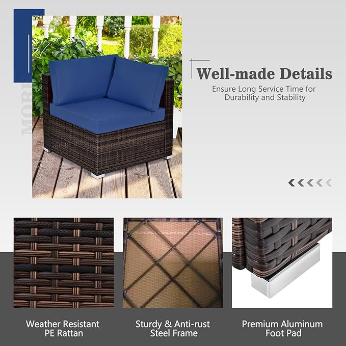 Tangkula 8 Piece Outdoor Wicker Sofa Set, Patio Rattan Conversation Set w/32” Propane Fire Pit Table & Tank Holder, 40,000 BTU Heat Output, Cozy Seat & Back Cushions, Fire Pit PVC Cover (Navy)