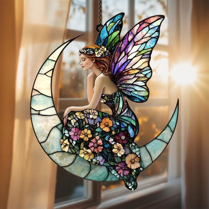 Crescent Moon Fairy Acrylic Suncatcher, Boho Suncatchers for Window Hanging Ornament, Art Garden Decor for Mythical Creatures Lover, Gifts for Mother's Day, Mom, Grandma, Wife, Women, Nana