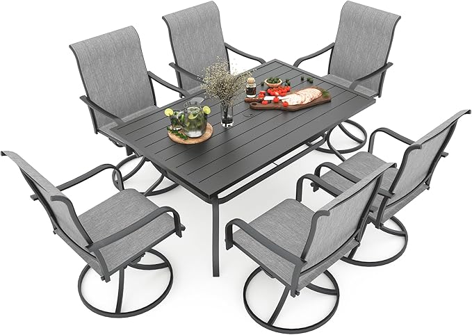 Anmutig 7-Piece Outdoor Dining Set, 6 Swivel Patio Chairs &60'' Rectangular Dining Table with All Weather Frame Furniture Set - Grey Style2