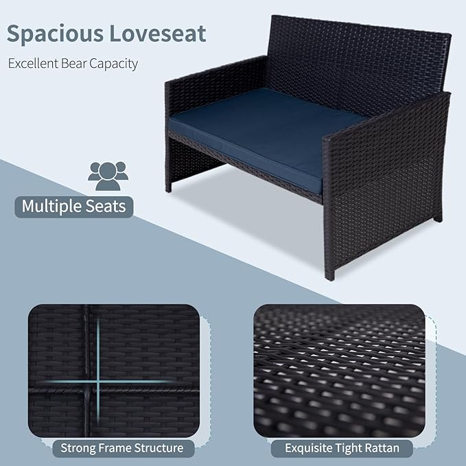 4 Pieces Patio Furniture Set,Porch Conversation Set for Garden, Outdoor PE Rattan Wicker Chairs with Cushion,Sectional Loveseat for Poolside or Backyard (Black-DarkBlue)