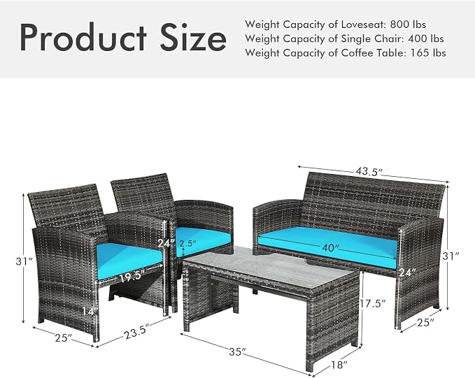 Outdoor Conversation Set, 8 Pieces Wicker Patio Furniture Set with Ergonomic Curved Design, Water-Resistant Cushion & Tempered Glass Table for Porch,Balcony(Turquoise)