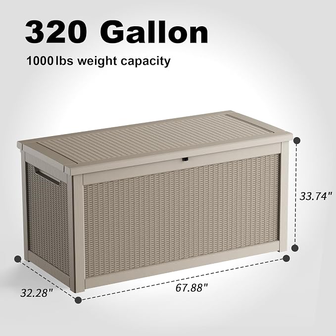 320 Gallon Deck Box Outdoor, Waterproof Outdoor Storage Boxes with Lids, Outside Resin Lockable Storage Box for Patio Cushions, Garden Tools(Grey)