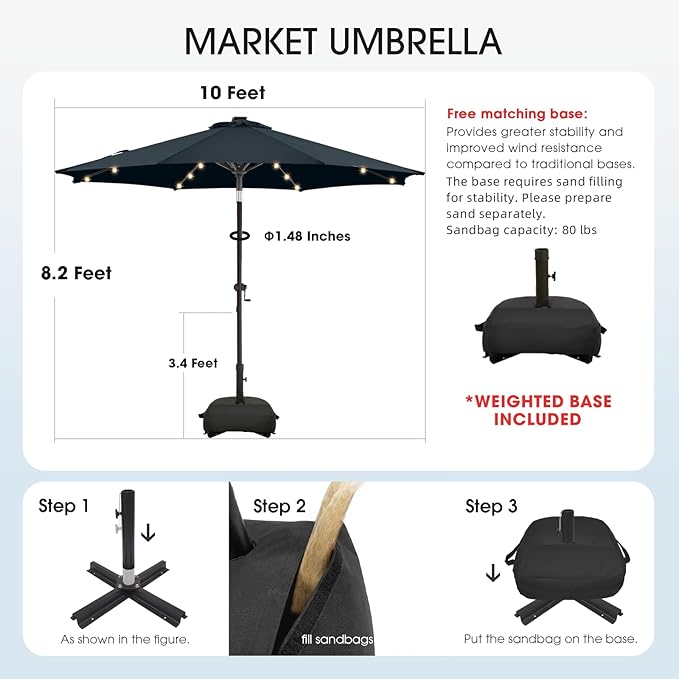 wikiwiki 10FT Solar Led Patio Umbrella with Base Included, 32 LED Lights, 8 Sturdy Ribs, Fade Resistant Waterproof POLYESTER DTY Canopy for Garden, Lawn, Deck, Backyard & Pool, Navy Blue