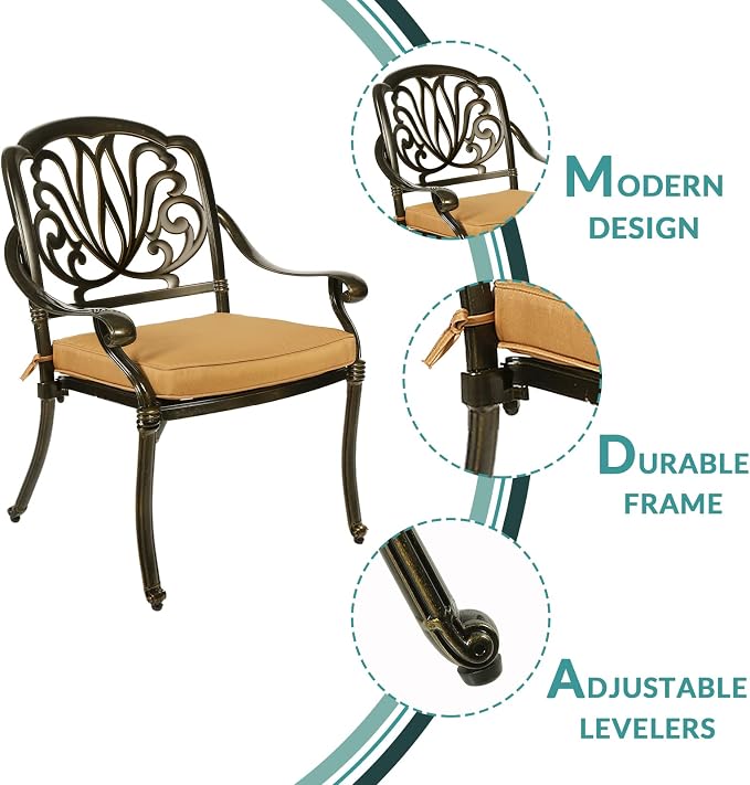 MEETWARM 3 Piece Patio Bistro Set, Outdoor All-Weather Cast Aluminum Dining Furniture Set Includes 2 Cushioned Chairs and a 35.4” Round Table with Umbrella Hole for Garden Deck
