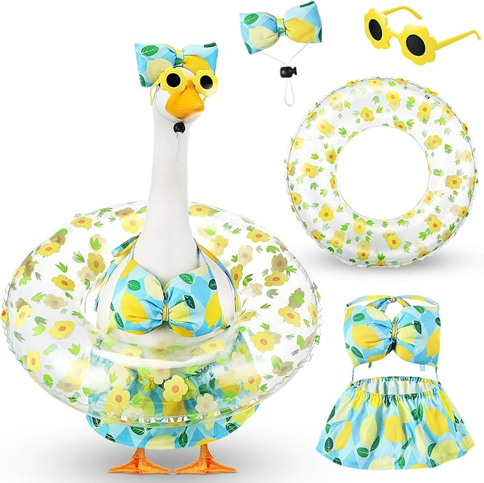 Bikini Porch Goose Outfits with Sunglasses and Swimming Tube for 23" Summer Goose Costume Garden Patio Statue Decor(Lemon)