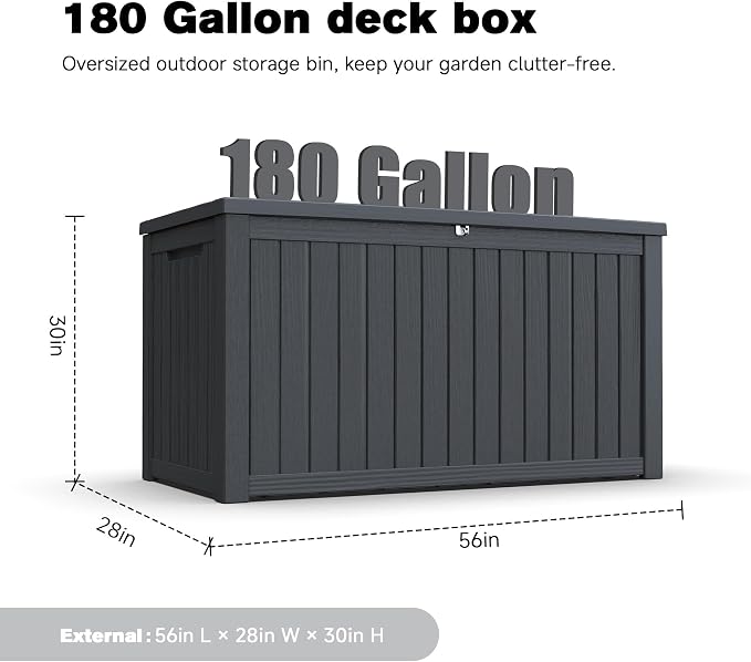 180 Gallon Outdoor Deck Storage Box, Waterproof Double-Wall Resin Lockable Container, 660lbs Heavy Duty Bench for Patio Pool Garden Storage, Black