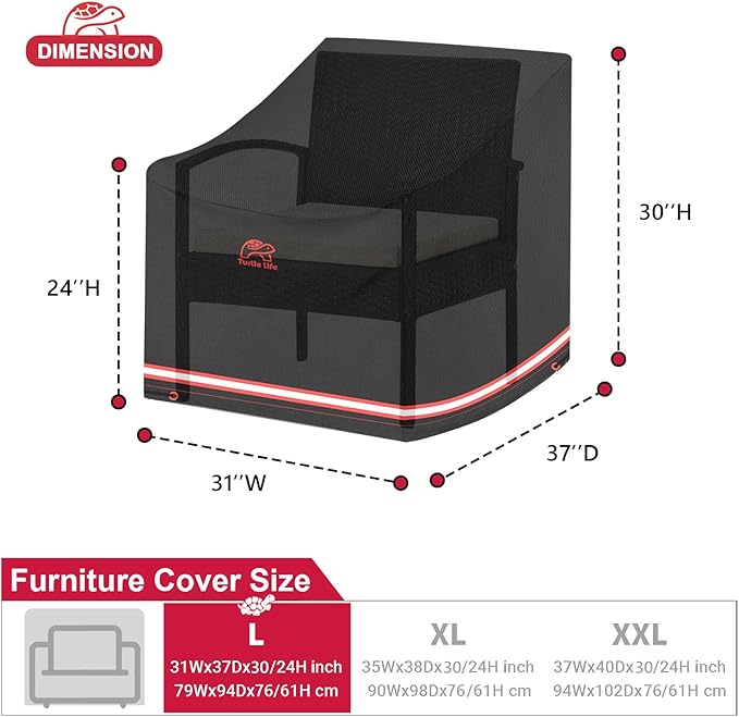 Turtle Life Patio Chair Cover, Heavy Duty Durable Waterproof Outdoor Lawn Armchair Deep Single Sofa Cover, Anti-Fading Cover for Chair, Black, 31" Wx 37" D x 30" H