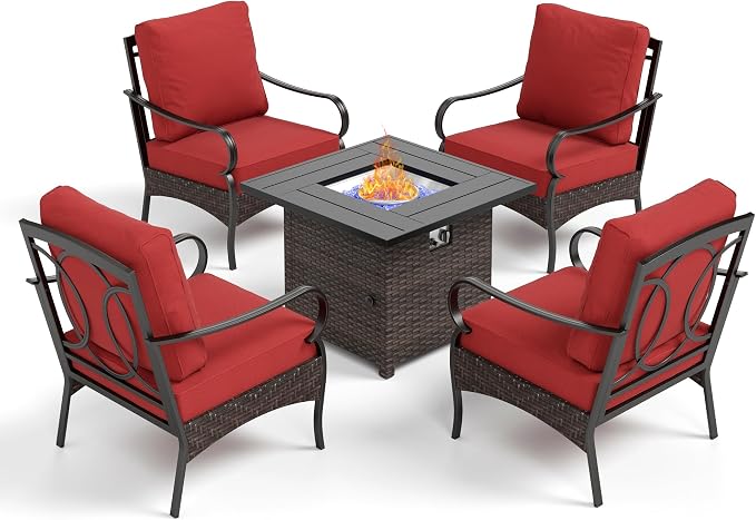 Patio Furniture Set with 32" Fire Pit Table,Patio Conversation Sets 4 Fixed Chairs with Thick Cushion and 50000 BTU Fire Pit Table (5 Pieces,Red