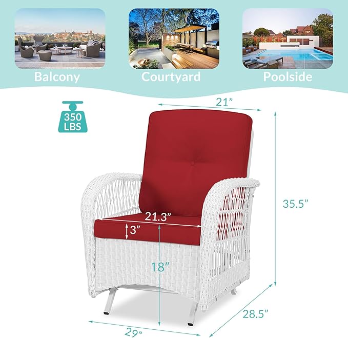 MEETWARM Patio Wicker Rocking Glider Set, All-Weather Outdoor Rattan Patio Rocking Chairs of 2, Patio Conversation Set with Thickened Cushions for Porch Garden & Backyard, White Wicker/Red