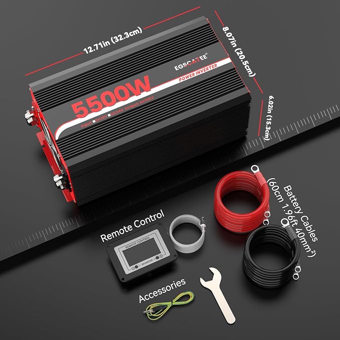 5500W Power Inverter 12V DC to 120V AC, 11000W Peak Off-Grid Solar Converter for 12V Battery Bank, RV, Truck & Home Backup Power System, 4 AC Outlets, USB & Type-C Port, LCD Remote Controller