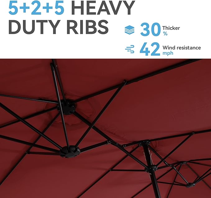 GREEN PARTY 15 ft Rectangular Patio Umbrella with Base Included, Large Double-Sided Outdoor Table Umbrella with Crank, 1.9" Pole UPF 50+ UV Resistant for Pool Deck Backyard Garden, Burgundy Red