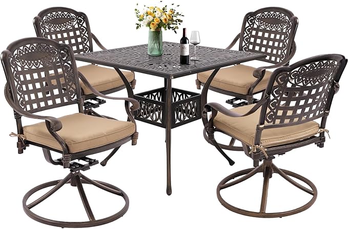 Grepatio 5 Piece Cast Aluminum Patio Dining Set Outdoor Furniture Set with 4 Mesh Swivel Rocker Ding Chairs, 4 Cushions and 35.4" Square Patio Table with 2.4"Umbrella Hole, Antique Bronze (Grid Khaki)