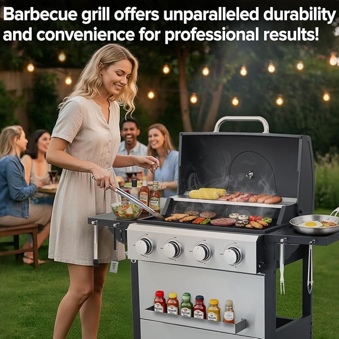 CIG GARDEN 4-Burner Propane Gas Grill, 42,000 BTU Stainless Steel BBQ with Foldable Side Tables, Outdoor Grill for Patio, Garden, Backyard & Camping