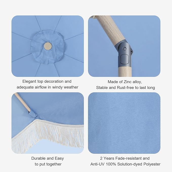 Tempera 9ft Blue Scalloped Patio Umbrella with Fringe,UV Protection Fade Resistant Canopy, 8 Sturdy Ribs, Outdoor Table Umbrella with Crank Tilt for Lawn, Pool, Deck, Balcony