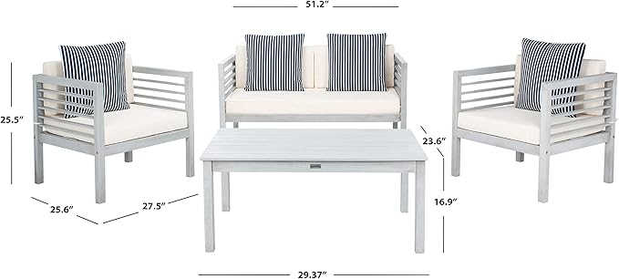 SAFAVIEH Outdoor Collection Alda Grey / Beige Cushions/ Striped Pillows 4-Piece Conversation Patio Set