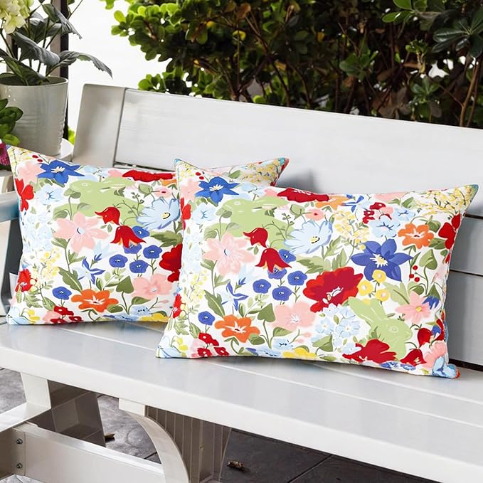 Adabana Spring Summer Outdoor Waterproof Floral Pillow Covers Set of 2 Square Colorful Couch Cushion Cases 20x12 Inch Waterproof Decorative Pillows for Patio Garden Beach,Colorful