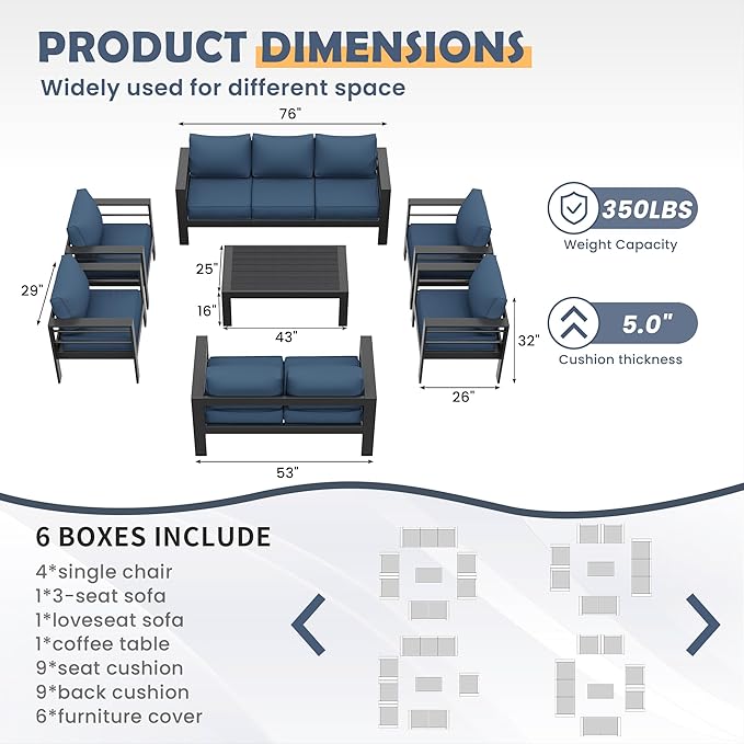 Amopatio Aluminum Patio Furniture Set, 10 Pieces Modern Patio Conversation Sets, Outdoor Sectional Metal Sofa with Coffee Table for Balcony, Garden, Dark Grey&Blue (Included Waterproof Covers)